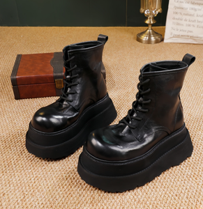 Bottines Chukka à plateforme en cuir véritable marron pour femme, à lacets, bout carré, semelle épaisse, toutes saisons, robustes - Product Image 3