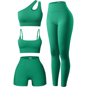 Ensemble de 4 pièces pour femmes, vêtements en gros, exercice côtelé, col rond, soutien-gorge de sport, haut à une épaule, taille haute, short, Leggings, ensemble actif - Product Image 4