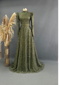 ชุดราตรีผ้าซาตินปักเลื่อมลูกปัดสีเขียวแบบ ODM คอทรงโอ แขนยาว ผ้าไม่ทอ เรียบง่าย เหมาะสำหรับงานปาร์ตี้ - Product Image 6