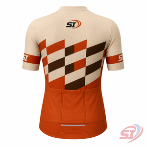 Maillot de cyclisme personnalisé à manches courtes et fermeture éclair intégrale, séchage rapide, pour vélo de route, motif quadrillé Tangerine Sand Espresso - Product Image 2
