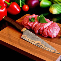 Couteau de Chef Unique en Acier Damas Inoxydable pour le Camping, Fait Main, Lame en Acier Damas Cuivré, Manche en Bois de Rose, Haute Qualité