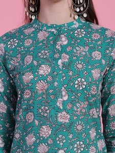 Motivos étnicos verdes impresos Kurta recto de algodón puro con palazzos y Dupatta - Product Image 6