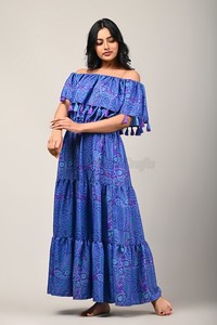 เดรสแมกซี่ยาวพิมพ์ลายดิจิตอลของผู้หญิงเดรสเปิดไหล่ประดับพู่ชุดเดรสชายหาดวินเทจ - Product Image 2