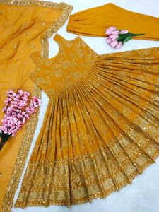 Nouvelle robe de soirée de styliste, tenue de travail en tissu Georgette avec broderie Kurti sans manches, haut et bas - Product Image 6