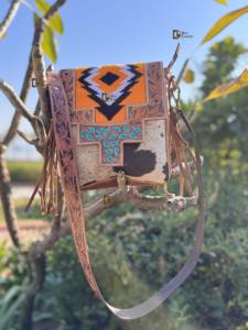 Wholesale Hand Tooled Carving Leather Cowhide Fur Fringe Handbag Hot Sale Stylish Purse Aztec Saddle <b>Blanket</b> Bag for Women's Use - Product Image 2