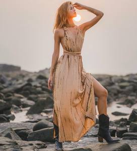 Robe longue 100% rayonne tie-dye robe sans manches taille libre longue vêtements de plage une pièce licou cou ceinture robe d'été dos nu - Product Image 5