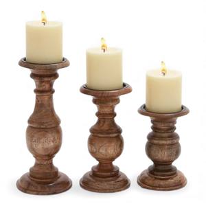 Handcrafted Wooden Pillar <b>Candle</b> Holder <b>Set</b> With Rounded Contours And Rustic Mid Century Inspired Profile Unique - Product Image 1