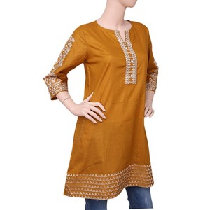 Women's Embroidered Cotton <b>Kurti</b> - Mustard - Product Image 1