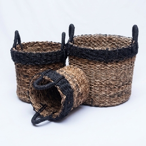 Natural Banana Bark Recycled <b>Plastic</b> <b>Basket</b> Set Black Thick Rim Arch Handle Cylinder Pot Planter Pure Art Setup Room Decor Art - Product Image 1
