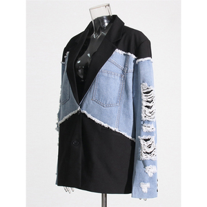 Femmes hiver nouvelle mode décontracté Logo personnalisé Sexy à manches longues denim brut écologique respirant jean costume veste - Product Image 2