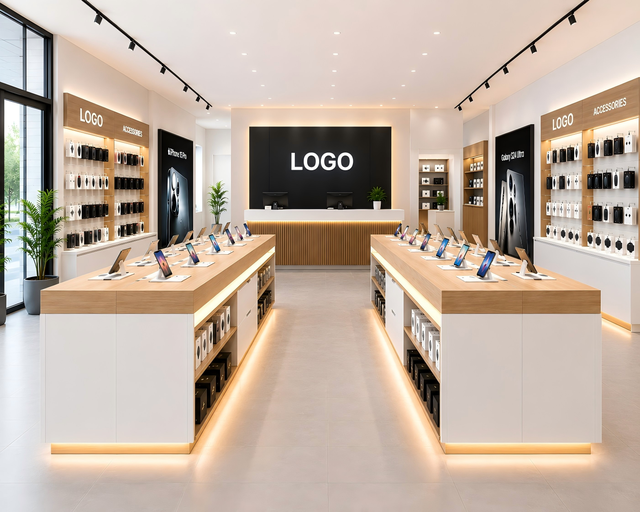 Custom Mobile Phone Experience Display Table Modern Retail Smartphone Island Showcase with LED Storage for Electronics Store