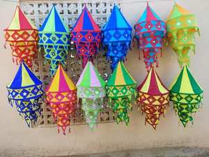 Abat-jour à trois marches en coton fabriqué à la main pour la décoration lanternes de lustre brodées Vintage pliables abat-jour colorés - Product Image 3