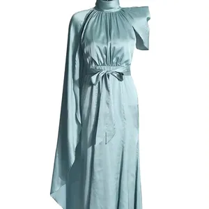 2024 नई महिलाओं की अवकाश पोशाक साटन नीली झालरदार रात पार्टी शाम पोशाक छोटी आस्तीन लंबी सेक्सी मैक्सी ड्रेस