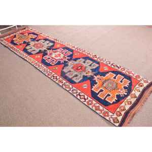 Turkish 3.1x11.5 ft Rug, <b>Runner</b> Vintage Rug, <b>Red</b> Abstract Wool Rug - Product Image 3