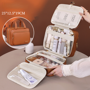 Large Capacity Polyester Travel <b>Makeup</b> Organizer Cosmetic <b>Bag</b> Multi <b>Compartments</b> Zipper Hasp Closure Waterproof Portable Handle - Product Image 4