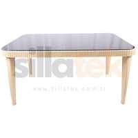 Table en rotin de haute qualité au design moderne 90x150 avec plateau en verre blanc pour salle à manger, idéale pour hôtels et entrepôts.