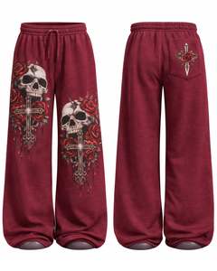 Pantalons de survêtement à jambes larges personnalisés avec imprimé de crâne de rose de couleur bordeaux pour femmes, style gothique surdimensionné, streetwear, pantalon de jogging en molleton OEM - Product Image 6
