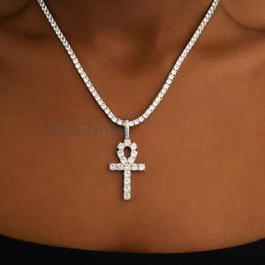 Gran oferta Vvs Moissanite Diamond 14K chapado en oro blanco 925 Plata alta calidad llave Ankh Cruz colgante collar para mujer - Product Image 1