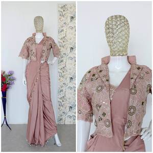 Women Ready to Wear Crepe Silk <b>Saree</b> with Embroidered Jacket <b>Blouse</b> Party Wear Ethnic <b>Saree</b> Set - Product Image 2
