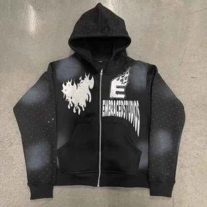 เสื้อฮู้ดผู้ชายพิมพ์ลายพลอยเทียม, เสื้อมีฮู้ดผ้าคอตตอนเนื้อหนาทำจากผ้าฝรั่งเศสมีซิปล้างกรดสำหรับฤดูหนาว - Product Image 1