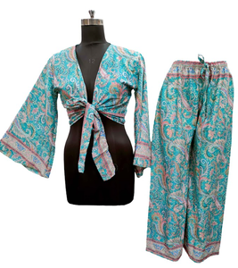 <b>Tie</b> Top Plazo Set Best Selling Long Bell Sleeve Top With Pajama Set With Pajama Silk <b>Wrap</b> Top with Palazzo - Product Image 1