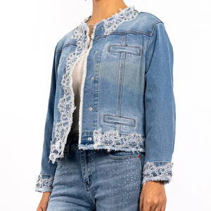 STITCHMODE Fabricación Moda Bleach Wash Manga larga Encaje Rhinestone Señoras Chaqueta de mezclilla Precio al por mayor - Product Image 6