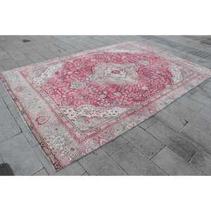 Vintage Turkish Rug, 8.3x12.6 ft Rug, <b>Red</b> Gray Abstract <b>Wool</b> Rug - Product Image 3