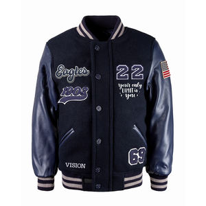 Blouson universitaire d'hiver pour homme en laine noire, col montant, coupe-vent, chauffant, confortable, avec logo frontal style baseball - Product Image 1