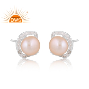 New Arrival Fine Sterling Silver Natural Cz And Pink Pearl Gemstone <b>Stud</b> <b>Earring</b> Jewelry Manufacturer - Product Image 2