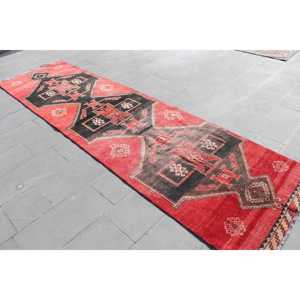 Vintage 3.3x12.4 ft Wool Turkish <b>Runner</b> Rug <b>Red</b> Patchwork Design Eco-Friendly Latex Backing - Product Image 2