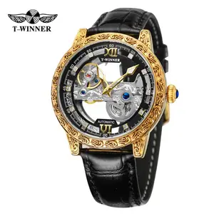 T-Winner Big Brand Mechanische männliche Armbanduhren für Männer Leder armband Skelett Schwungrad Tourbillon Hollow Out Business Herren uhr