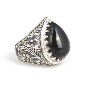 925 Sterling <b>Silver</b> Men's Ring with Geometric Teardrop Onyx Stone and <b>Pen</b> Design Fine Platinum Jewelry for Everyday Wear - Product Image 2