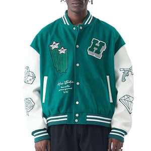 Veste de motard en laine personnalisée avec logo en gros, unisexe, hip-hop, broderie de lettres, bomber de baseball, col montant, streetwear - Product Image 1