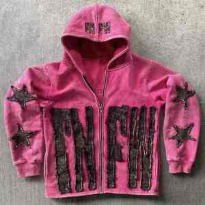 Sudadera con capucha personalizada estética desgastada con cremallera completa Sudadera con capucha de gran tamaño lavado ácido Hip Hop con diamantes de imitación para hombres - Product Image 4