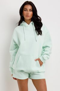 Meilleure vente Ensemble survêtement 2 pièces en coton mélangé à la menthe pour femme, sweat à capuche et short Ensemble de détente pour l'hiver à motif uni - Product Image 4
