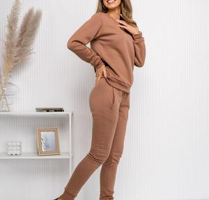 Chándal de dos piezas de otoño e invierno de talla grande para mujer, Sudadera con capucha de algodón 100% de Color sólido y pantalones de lana de manga larga - Product Image 5