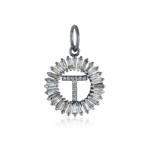 Pave Diamond <b>Initial</b> T Charm Oxidized 925 <b>Silver</b> Baguette Diamond Alphabet Pendant <b>Necklace</b> Unisex Jewelry Wholesale - Product Image 1
