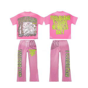 Top Trending Solid Light <b>Pink</b> Acid Wash <b>Hoodie</b> Pant Printed Letters Rhinestone Outline New Style Heavyweight Tracksuit For <b>Men</b> - Product Image 3