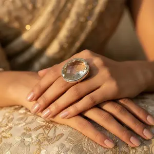 Romantic Women's Silver <b>Ring</b> with <b>Large</b> Faceted <b>Stone</b> Gemstone and Zircon Inlay Copper Brass Jewelry Claw Setting Technology - Product Image 3