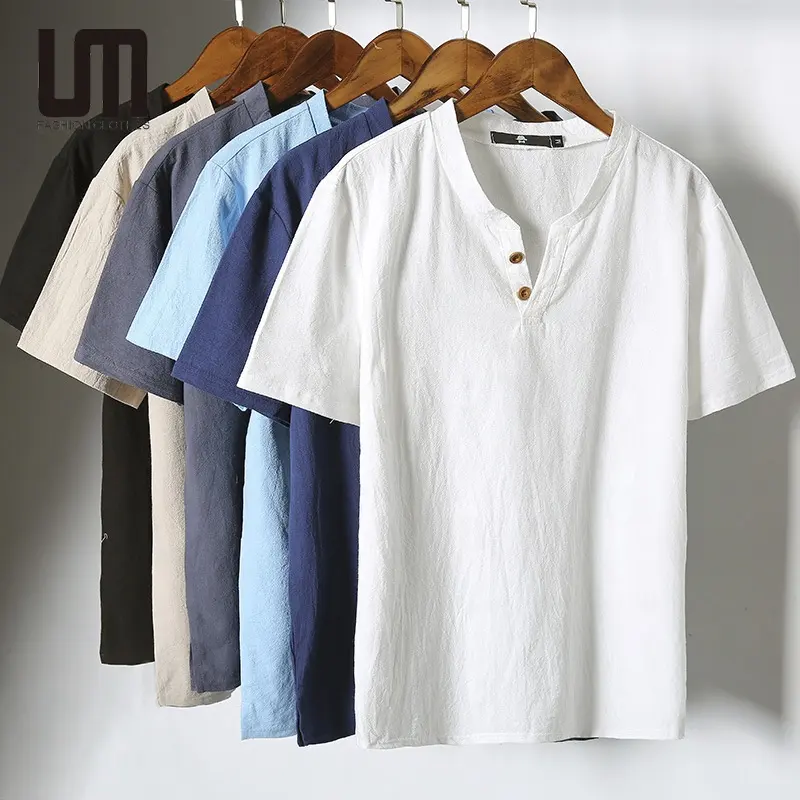 Liu Ming Cheap Wholesale Custom Logo Men Casual Button V Neck Short Sleeve Tee Solid Color Plus Size T Shirt Tops