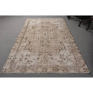 Vintage Classic Turkish Rug Beige <b>Brown</b> 5.3 X 8.1ft Handmade <b>Wool</b> with Latex Backing Patchwork Pattern for Bedside - Product Image 1