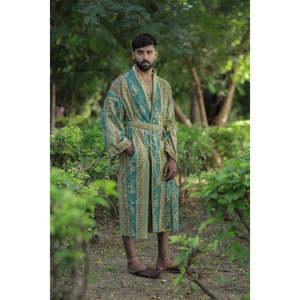 Men's Striped Cotton Kimono <b>Robe</b> Long Boho Home Wear with Pockets One Size Lightweight Breathable Spa <b>Beach</b> Resort Cover - Product Image 1