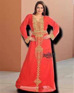 Kaftan marocain en polyester pour femmes, fait à la main, orné de perles et de paillettes, design uni, grande taille, léger, longueur au sol, manches longues, col haut - Product Image 2