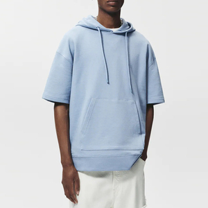 Personalizado French Terry University sudadera liso al por mayor sudaderas con capucha verano cielo azul caída hombro manga corta sudaderas con capucha hombres - Product Image 5