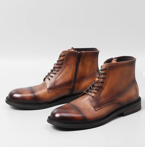 Bottes de cowboy pour hommes, tige synthétique, lacets à la cheville, bout rond, semelle extérieure en caoutchouc, semelle intermédiaire en EVA, respirantes, toutes saisons, couleur unie - Product Image 3