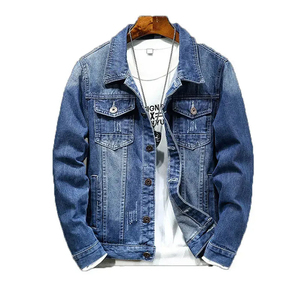 2025 chaqueta vaquera personalizada para hombre con cuello levantado de gran tamaño de manga larga con botones auténtica chaqueta vaquera elástica con bolsillos OEM - Product Image 3