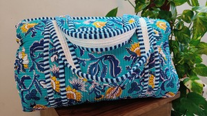 Handmade Luxury Blue Bold Floral Print Quilted Cotton Duffle Bag Detachable Long <b>Belt</b> Yoga Gym Large Capacity - Product Image 2