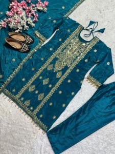 Teal Blue Chinon bordado recto Salwar Suit Dupatta para bodas fiestas ocasiones festivas-ropa india y pakistaní - Product Image 2
