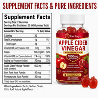 Gummies au vinaigre de cidre de pomme 1000mg avec la Mère, Détoxifiant, Vitamine B12, Folate, Betterave, Grenade, Végétalien, 60 Gummies