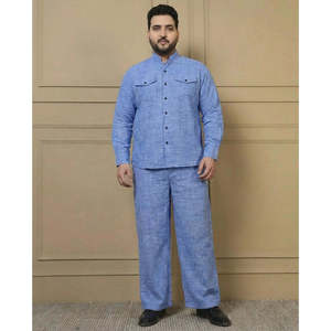 Conjunto de Verano para Hombre Amanush, Azul Cielo, 100% Algodón, Talla Grande, Camisa de Manga Larga con Cuello Mao y Pantalón a Cuadros Texturizados, Ropa Casual - Product Image 1